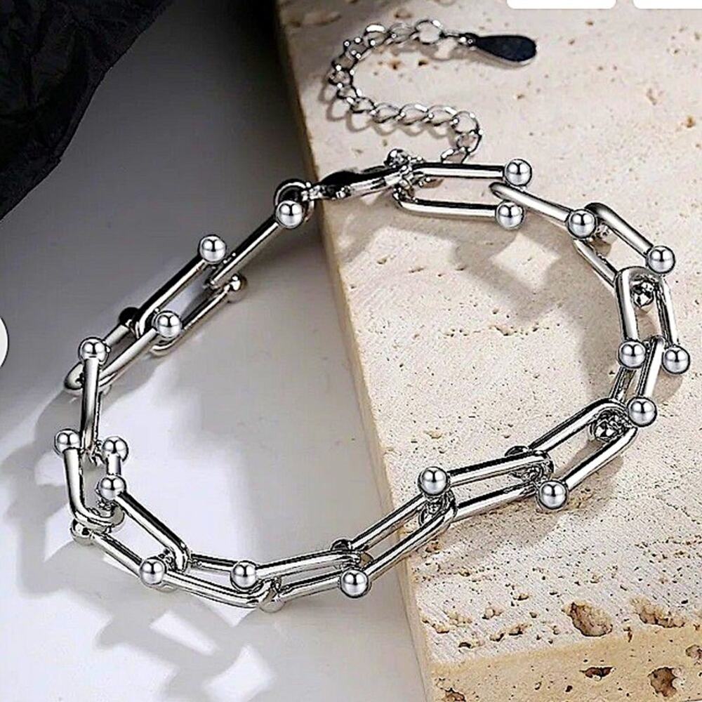 Sterling Silver U Link Bracelet, Horseshoe, Paperclip unisex